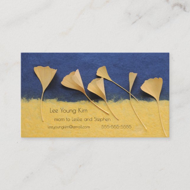 Ginkgo leaves on handmade paper mom calling card (Front)