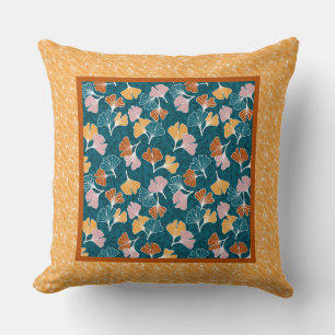 Ginkgo Leaves on Ocean Blue with Gold Border Throw Pillow