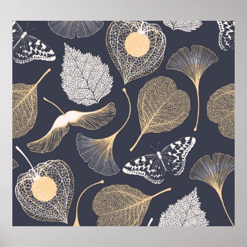 Ginkgo Leaves Seamless Floral Elegance Poster