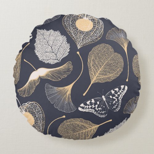 Ginkgo Leaves Seamless Floral Elegance Round Pillow