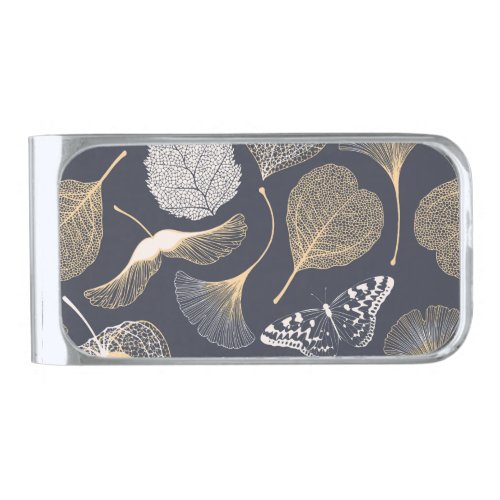 Ginkgo Leaves Seamless Floral Elegance Silver Finish Money Clip