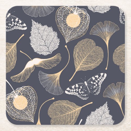 Ginkgo Leaves Seamless Floral Elegance Square Paper Coaster
