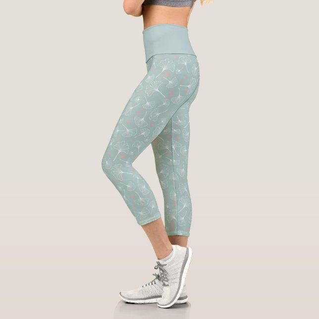 ginkgo leaves turquoise and coral capri leggings (Left)
