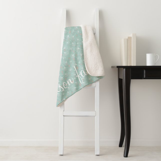 Ginkgo Leaves Turquoise And Coral Family Monogram Sherpa Blanket (In Situ)