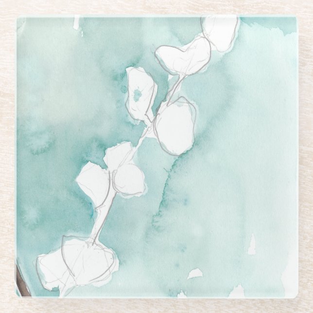 Ginkgo on Dusty Teal - White Glass Coaster (Front)