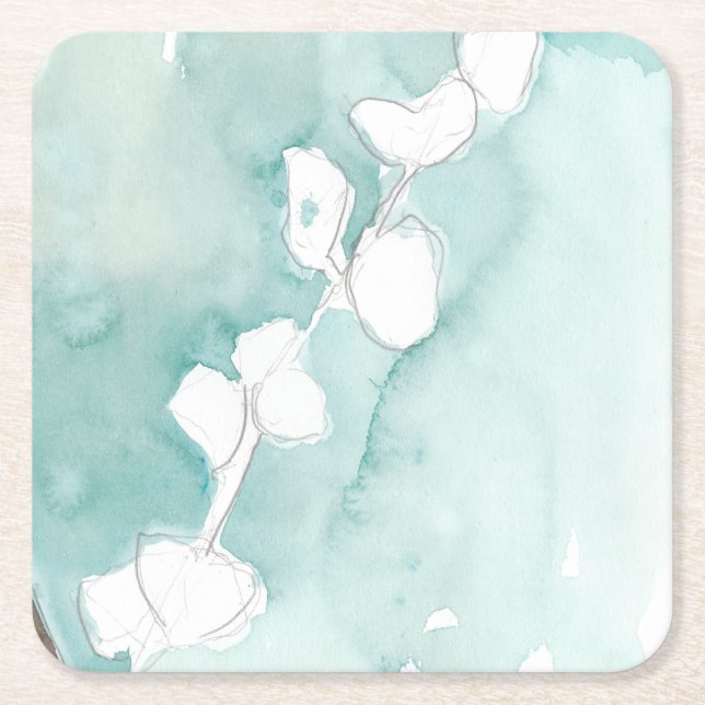 Ginkgo on Dusty Teal - White Square Paper Coaster (Front)