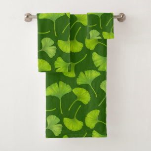 Ginkgo pattern on dark green bath towel set