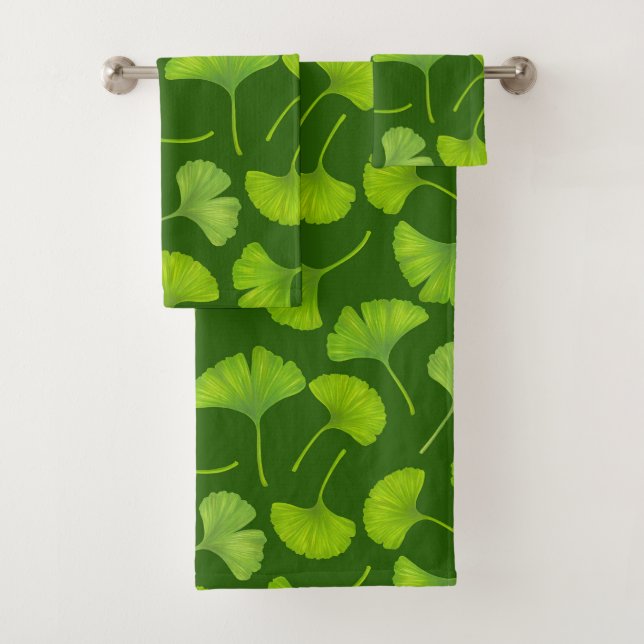 Ginkgo pattern on dark green bath towel set (Insitu)