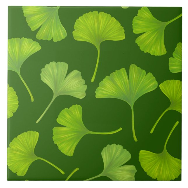Ginkgo pattern on dark green ceramic tile (Front)