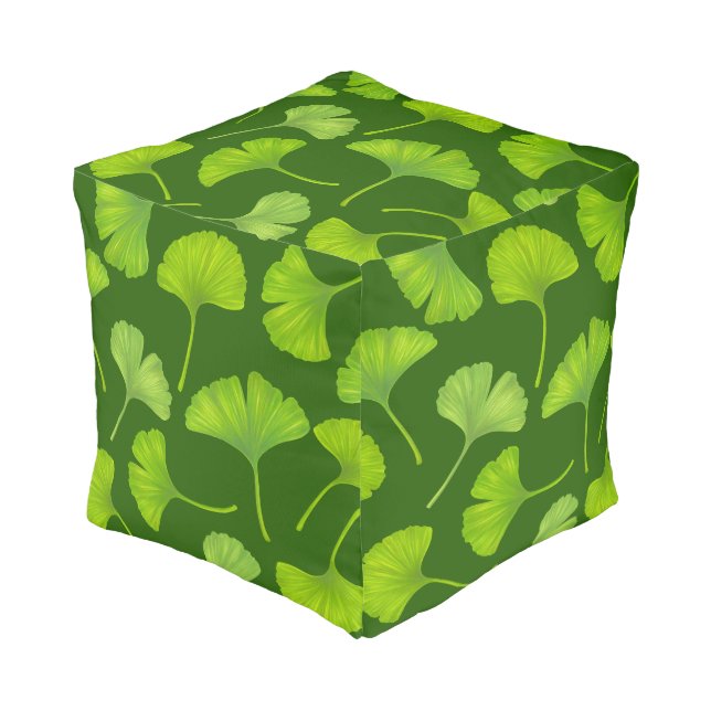 Ginkgo pattern on dark green pouf (Angled Front)