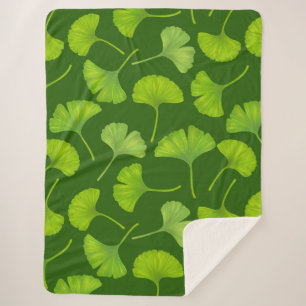 Ginkgo pattern on dark green sherpa blanket