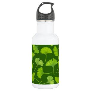 Ginkgo pattern on dark green stainless steel water bottle