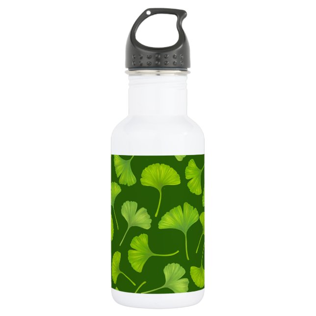 Ginkgo pattern on dark green stainless steel water bottle (Front)