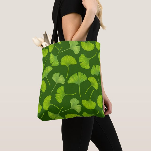 Ginkgo pattern on dark green tote bag (Close Up)