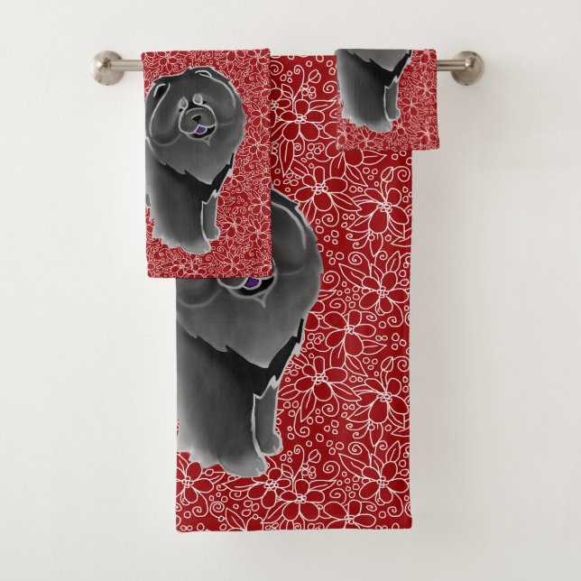 GINKGO the black chow on cranberry Bath Towel Set (Insitu)