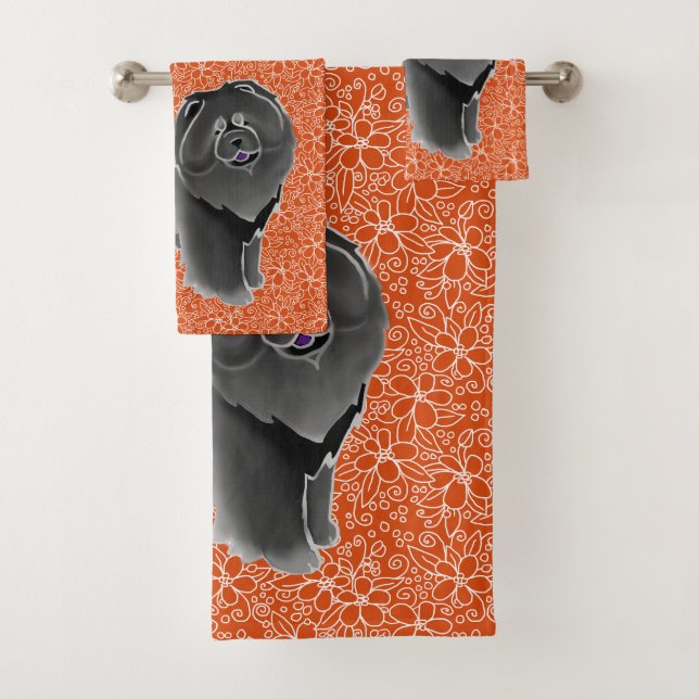 GINKGO the black chow on orange Bath Towel Set (Insitu)