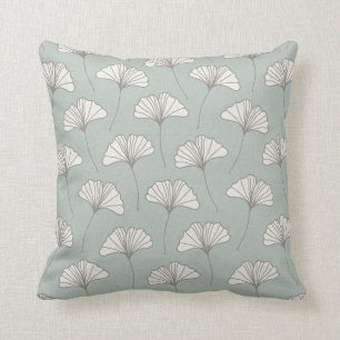 Ginkgo Tree Leaf Pattern Light Blue Grey and White Throw Pillow