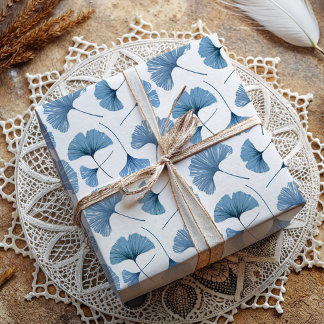 Ginkgo Tropical leaf blue and white pattern  Wrapping Paper