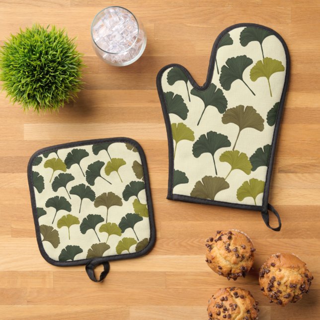 Ginko Bilbao Leaves  Oven Mitt & Pot Holder Set (Top Down)