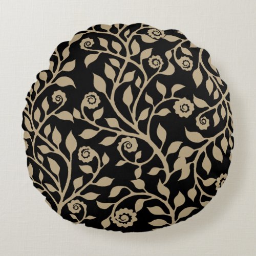 Gipsy Swirls Elegant Floral Pattern Black Beige Round Pillow