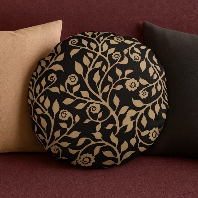 Gipsy Swirls Elegant Floral Pattern Black Beige Round Pillow (Creator Uploaded)