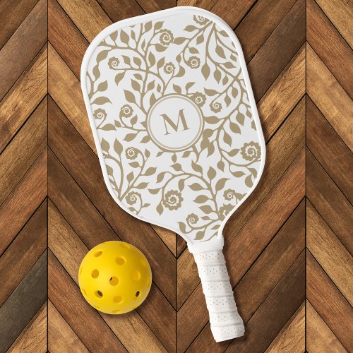    Gipsy Swirls Elegant Floral Pattern White Taupe Pickleball Paddle