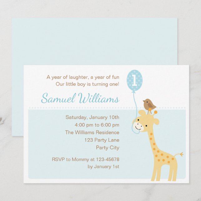 Giraffe 1st Birthday Invitations (Boys Balloon) (Front/Back)