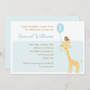 Giraffe 1st Birthday Invitations (Boys Balloon)