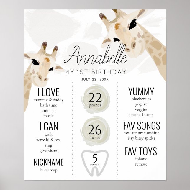 Giraffe 1st Birthday Milestone White Poster (Front)