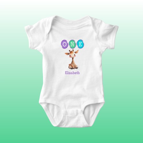 Giraffe 1st Birthday one with name purple Baby Bodysuit