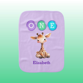 Giraffe 1st Birthday One With Name Purple Baby Burp Cloth by LynnroseDesigns at Zazzle