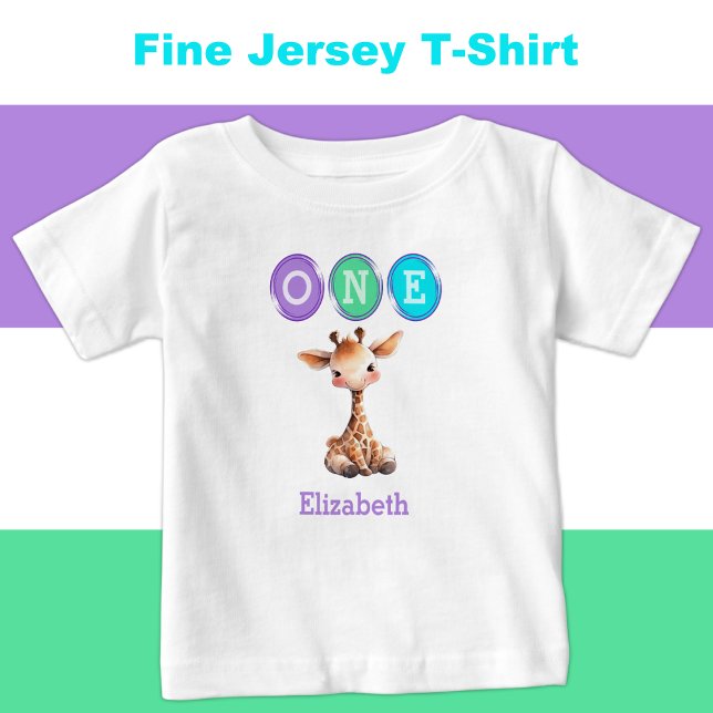 Giraffe 1st Birthday one with name purple Baby T-Shirt (Creator Uploaded)