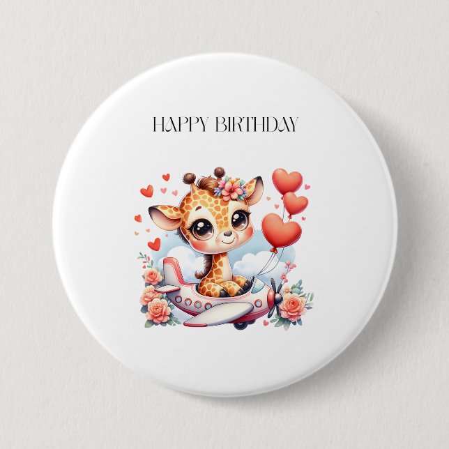 Giraffe Airplane Birthday Button (Front)