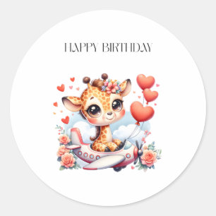 Giraffe Airplane Birthday Classic Round Sticker
