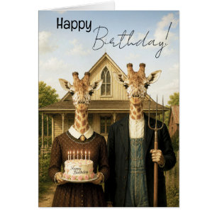 Giraffe American Gothic Farmstead Happy Birthday Cards