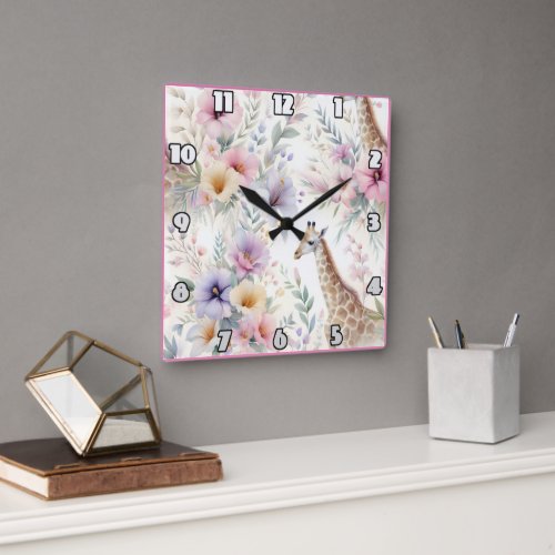 Giraffe among colorful flowers in Africa Square Wall Clock