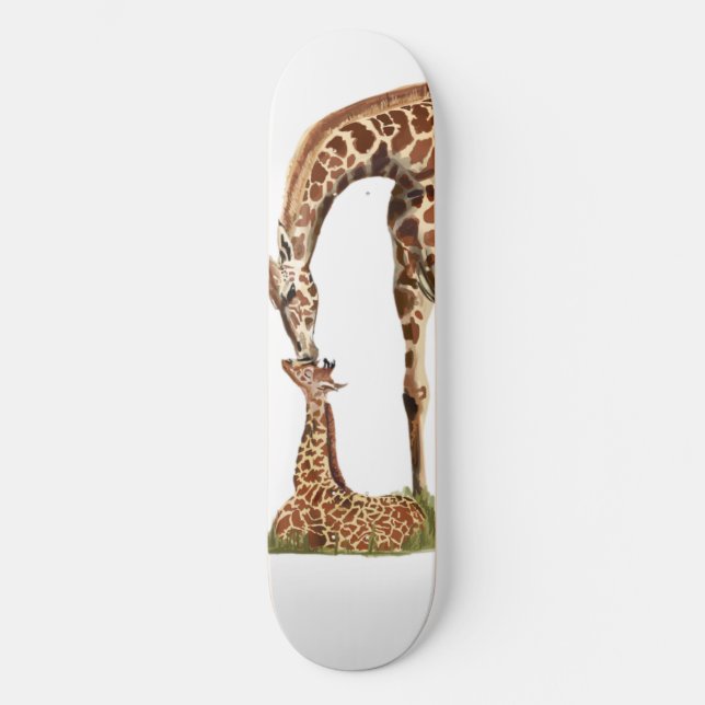 Giraffe and baby calf kissing skateboard deck (Front)