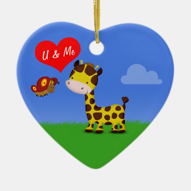 Giraffe and Butterfly in Love Ceramic Ornament (Front)