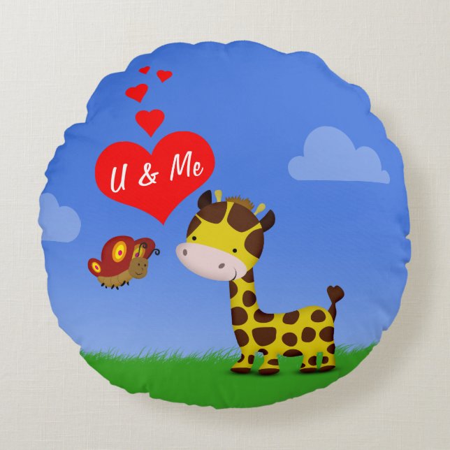 Giraffe and Butterfly in Love Round Pillow (Front)