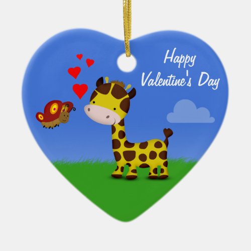 Giraffe and Butterfly Valentines Day Ceramic Ornament