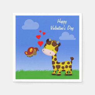 Giraffe and Butterfly Valentine's Day Paper Napkins