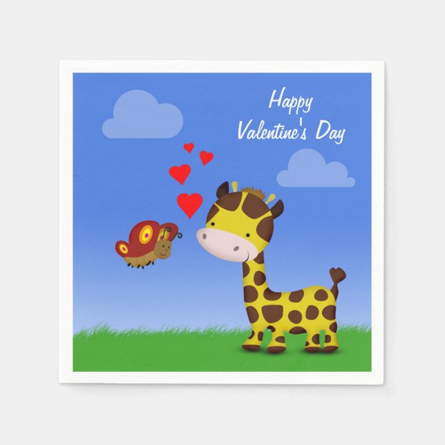 Giraffe and Butterfly Valentine's Day Paper Napkins (Front)