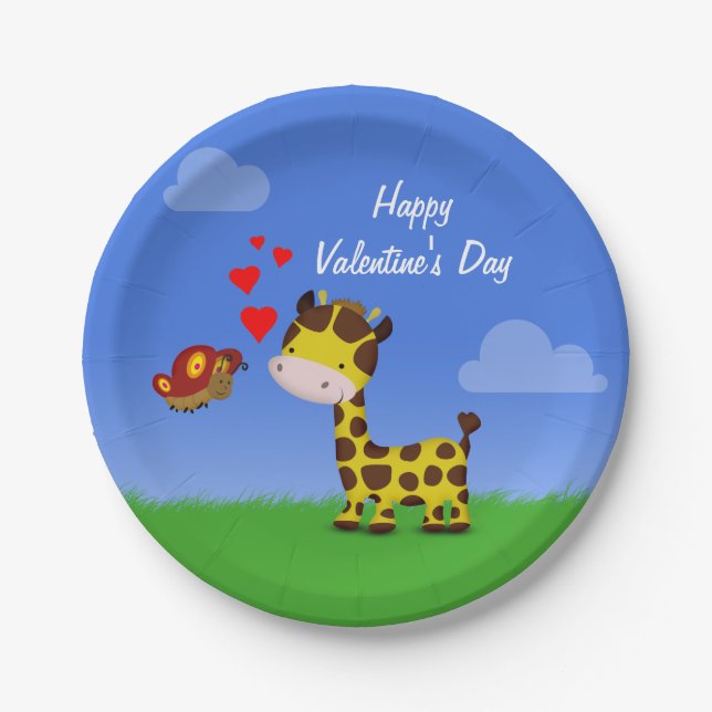 Giraffe and Butterfly Valentine's Day Paper Plates (Front)