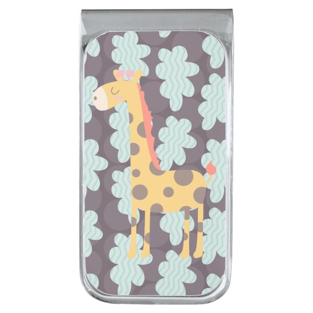 Giraffe and Clouds Silver Finish Money Clip (Front Vertical)