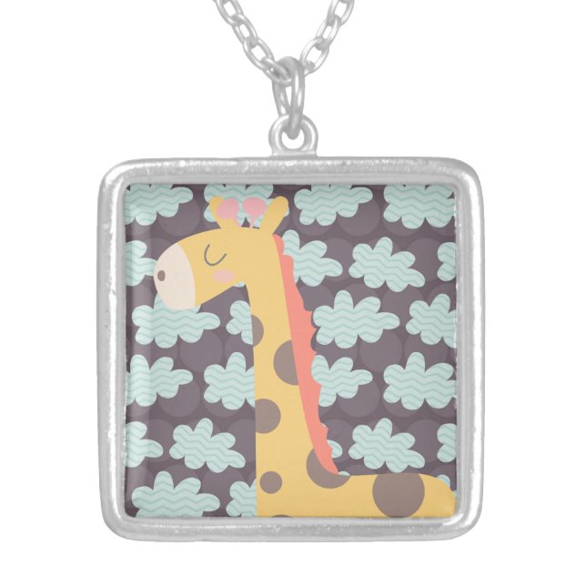 Giraffe and Clouds Silver Plated Necklace (Front)