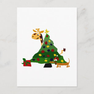 Giraffe and Dachshund by Christmas Tree Art Holiday Postcard
