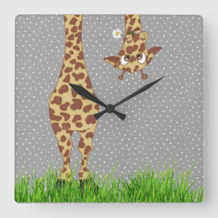 Giraffe and Daisy on Polka Dots Square Wall Clock