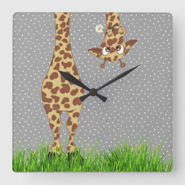 Giraffe and Daisy on Polka Dots Square Wall Clock (Front)