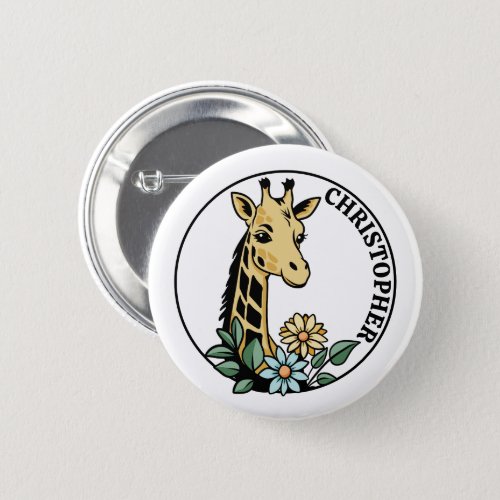 Giraffe And Flowers Custom Name Button