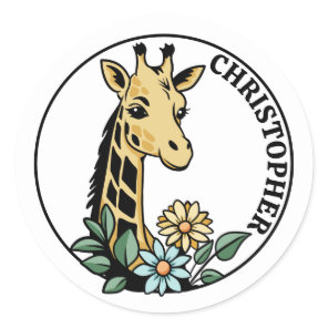 Giraffe And Flowers Custom Name Classic Round Sticker